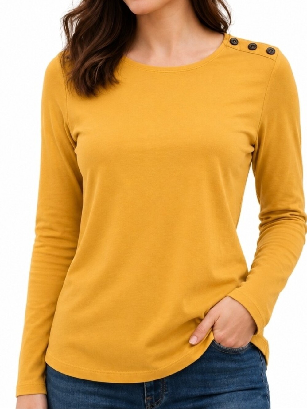 Ralph Lauren Jeans Co. Women's Mustard Yellow Button-Shoulder Long Sleeve Top